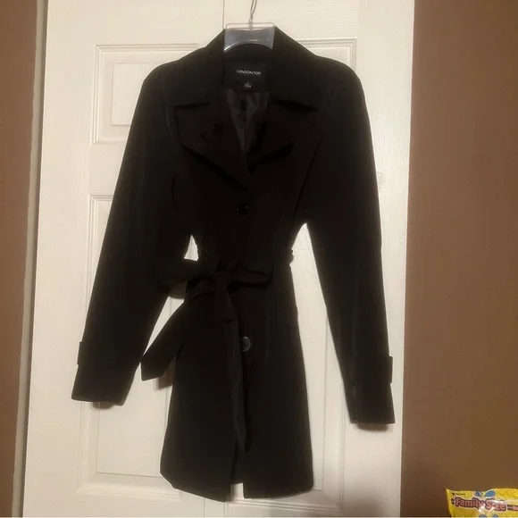 London Fog Long Black Wrap Coat Button down waist tie trench size large - Picture 2 of 11